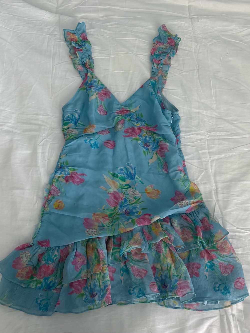 LoveShackFancy Sky Blue Floral Ruffle Mini Dress